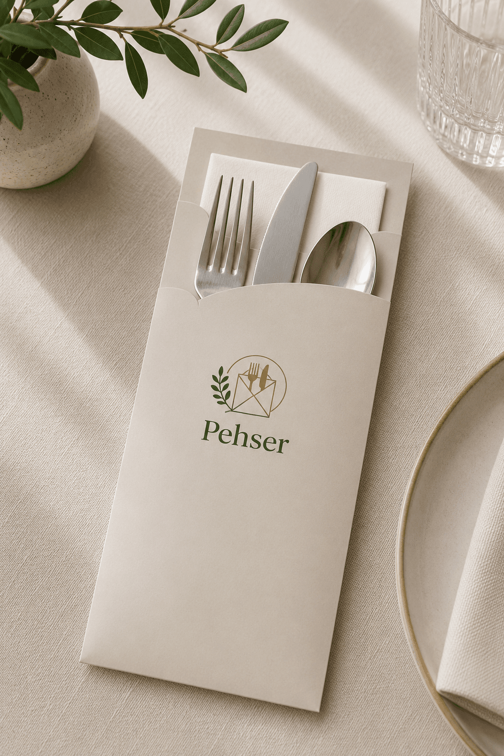 Bestekzakje met het Pehser-logo, gevuld met mes, vork, lepel en een servet.