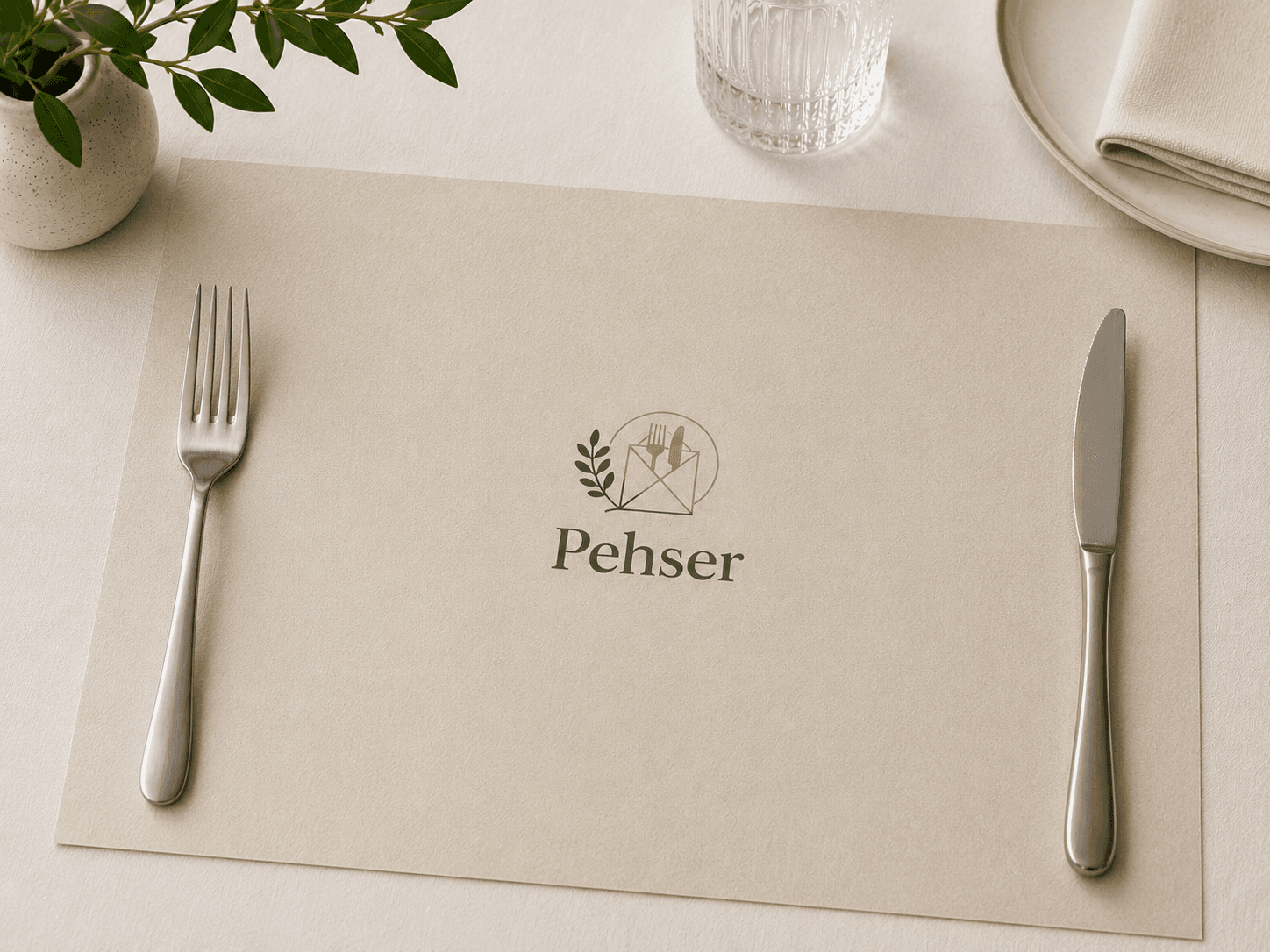 Placemat met het Pehser-logo, gedekt met bestek, glas en servet.