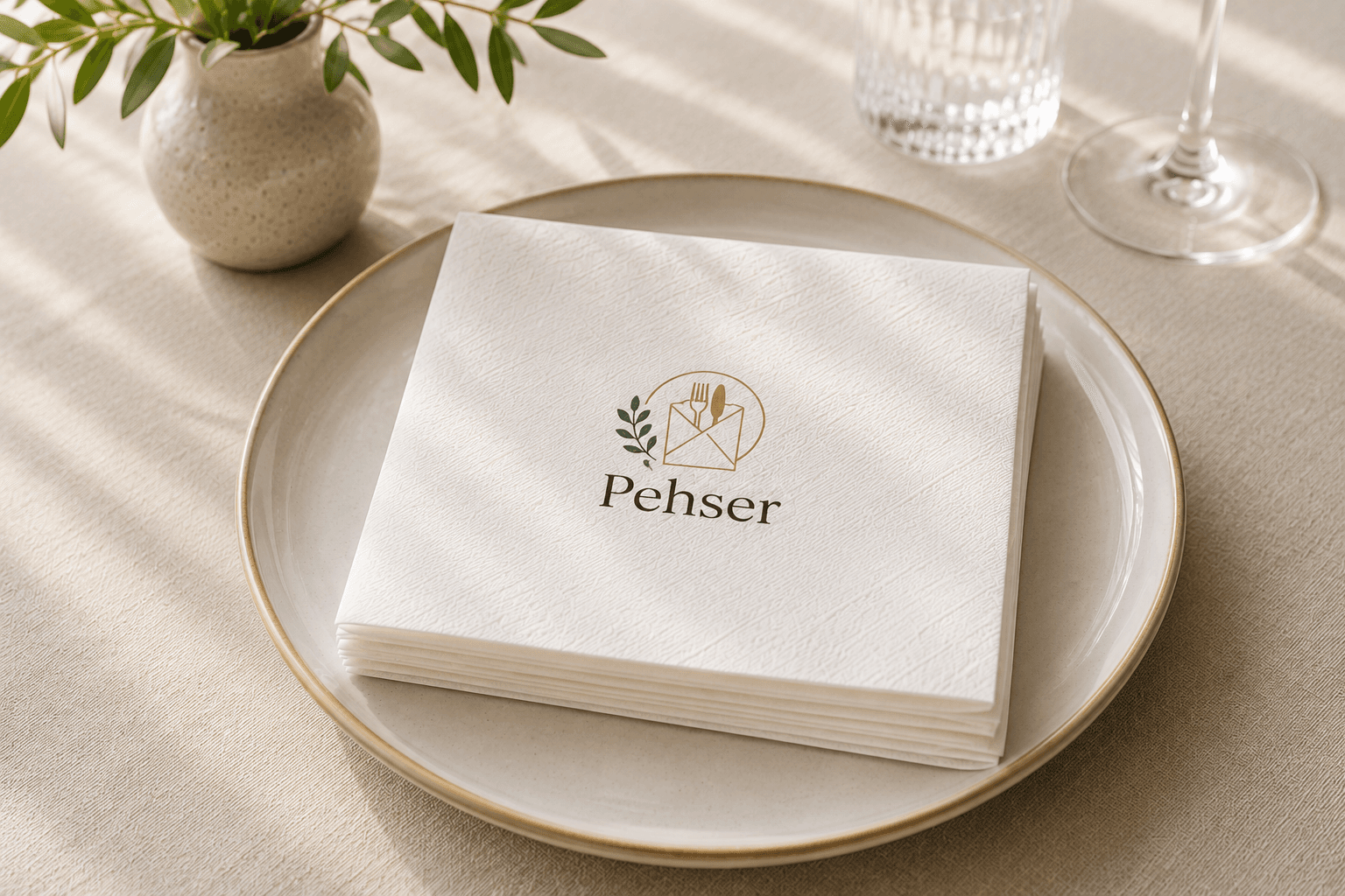 Stapel servetten met het Pehser-logo, op een bord op een gedekte tafel.