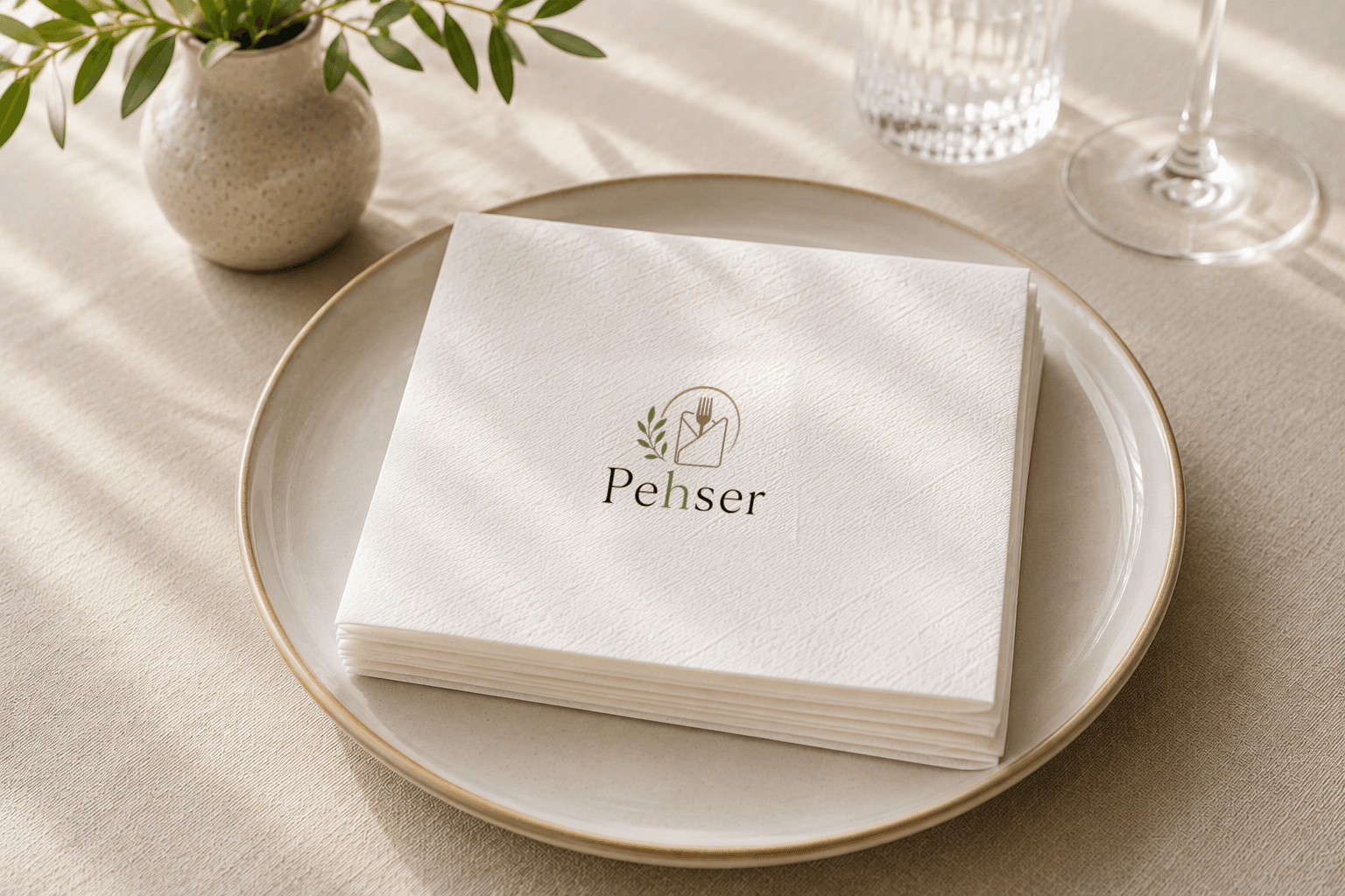 Stapel servetten met het Pehser-logo, op een bord op een gedekte tafel.